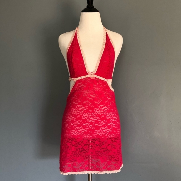 Victoria's Secret Other - Victoria's Secret Pink Lace Halter Neck Deep V Chemise W/Scrunch Butt Detail (M)